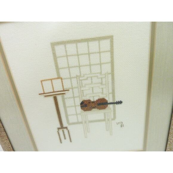 Vintage Cross-stitch Violin on Chair Framed Cottage Musician Home Decor - Picture 3 of 6
